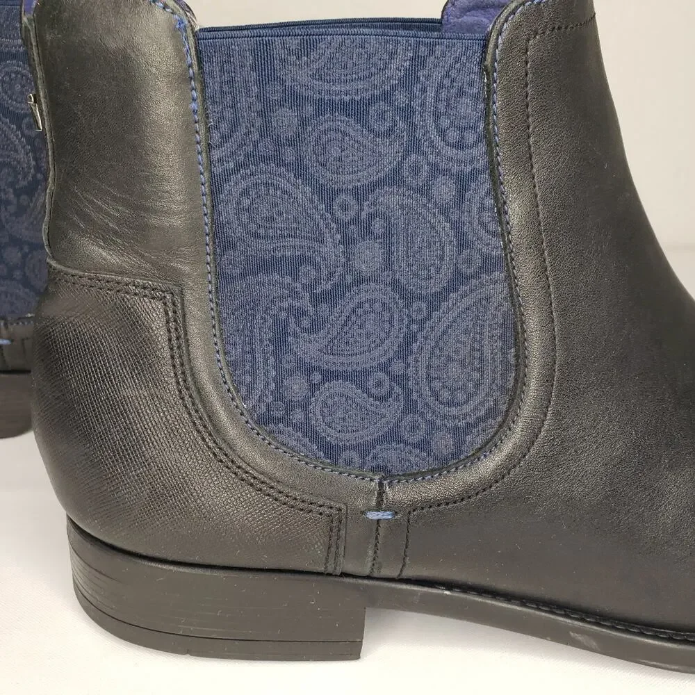 Ted Baker London Black Leather Chelsea Boots with Navy Elastic Panels